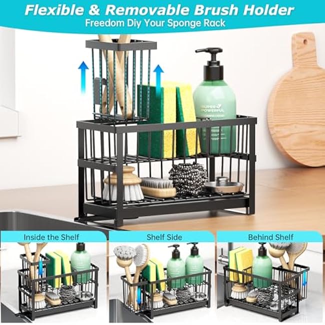 Sponge Holder for Kitchen Sink, 2 Tier Sink Caddy Organizer Countertop with Dish Brush Holder and 360¡ã Drain Tray, Rustproof Stainless Steel Dish Soap Storage Rack Set for Accessories
