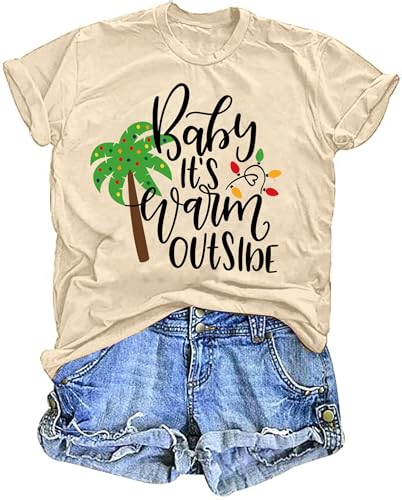 Christmas in July Shirt Women Baby Its Warm Outsibe Shirts Christmas Palm Tree T-Shirt Summer Beach Party Tee Tops Apricot