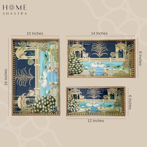 Image of Swan Wooden Serving Tray with Gold Engraving | Set of 3 | Size : 16 x 10 inch, 14 x 8 inch & 12 x 6 inch | Enamel Coated Waterproof | Rectangular | Swan Set of 3