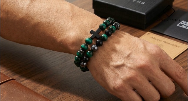 Pulsera de cruz para hombres con piedras protectoras 8MM miniatura 7