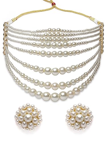 Image of Karatcart Pearl Multilayer Beaded Choker Necklace Set for Women