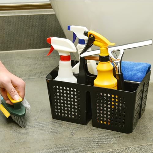 PAKCHOICE Portable Shower Caddy Basket with Compartments, Plastic Divided Cleaning Caddy Organizer Storage Tote with Handle for Bathroom, College, Dorm Room Essentials, Black - Thumbnail 3
