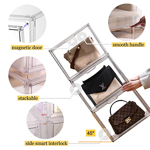 Attelite Plastic Purse And Handbag Storage Organizer For Closet, Clear Acrylic Display Case With Magnetic Door For Wallet, Book, Cosmetic, Toys, Clutch Organization 3 Pack #TOP3