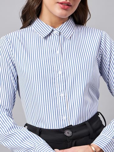 Image of Style Quotient Women Self Design Stripe Blue and White Polycotton Formal Shirt