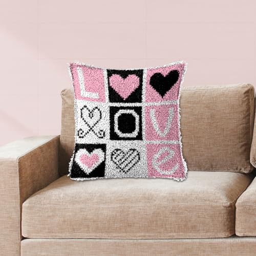Image of ZFFLYH Love Latch Hook Pillow Kits for Adults Beginners Pre-Printed Cushion | Home Sofa Cushion Cover Preprinted Canvas Crochet Yarn Kits Needlework Crafts Festival Gift for Adults Beginner 17X17 Inch