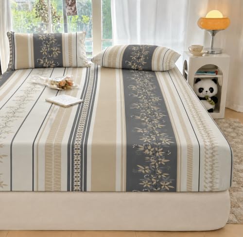Image of VOMZER Queen Size (60x78) 300 TC Soft Cotton Feel Microfiber All Around Elastic Fitted Double Bedsheet with 2 Pillow Covers | Grey Vine