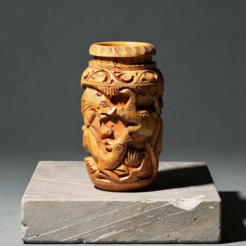 Image of Craft Trade 13x6 Cm Wooden Pencil holder Hand Carved Elephant Pattern - Elephant Brown