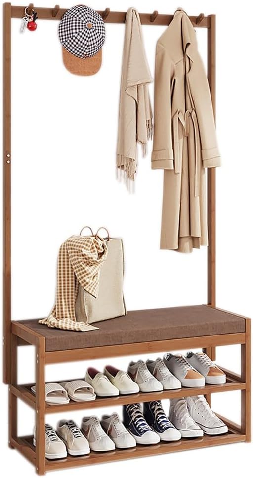 Coat Rack Hall Tree, with Bench, Shoe Rack and Coat Rack 3-in-1 Entryway Shoe Storage Cabinet, 3 Tier Shoe Shelf Storage Organizer Rack ()
