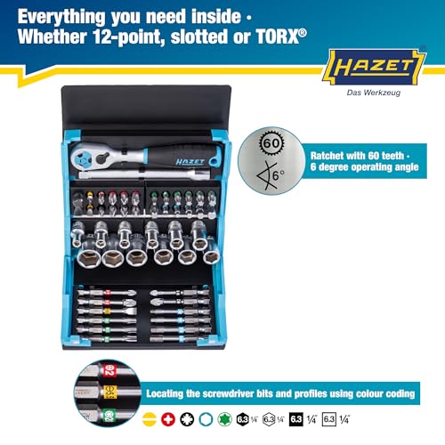 Image of HAZET Smartcase Socket Set 2200SC-2 I 50-Piece Tool Socket Set, Drive: Hexagon and Square 6.3 Mm (1 /4 Inch), Mobile Tool Case