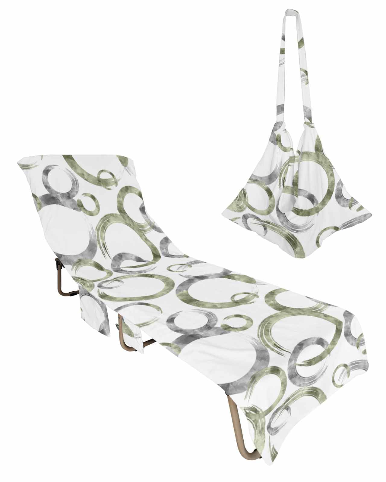 Modern Beach Chair Towel Covers for Chaise Lounge with Side Pocket, Soft Plush Pool Towels Cover for Patio Sunbathing Outdoor 29''x85'' Sage Green Abstract Painted Geometric White Color