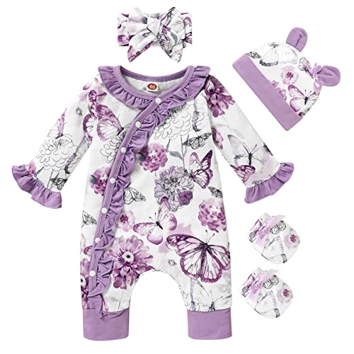Grnshts Newborn Girl Butterfly Jumpsuit Baby Girl Long Sleeve Ruffle Floral Romper Overall Coming Home Outfits(Purple1,Newborn) #TOP9