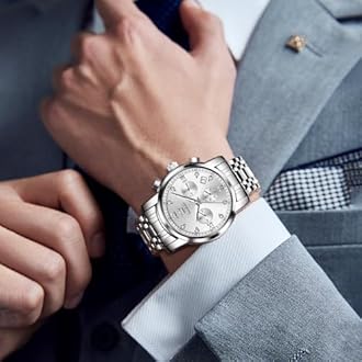 OLEVS Men's Chronograph Watch, Gold Silver Stainless Steel Analog Quartz Watch, Waterproof Multi-Function Dial with Date Diamond Watches for Men