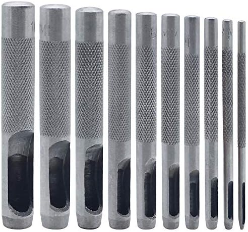 DXLing 10 Pieces Round Steel Hollow Punch Set 1 mm to 10 mm Different Sizes Leather Craft Hollow Hole Punch Cutter Tools for Watch Band Gasket Belt Strap Shoe Fabric Canvas Clothes Eyelet - Silver