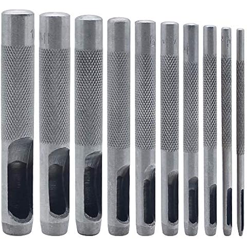 DXLing 10 Pieces Round Steel Hollow Punch Set 1 mm to 10 mm Different Sizes Leather Craft Hollow Hole Punch Cutter Tools for Watch Band Gasket Belt Strap Shoe Fabric Canvas Clothes Eyelet - Silver Cover