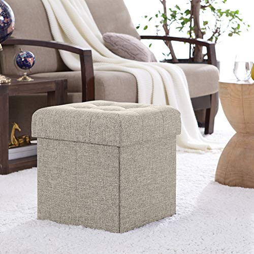 Ornavo Home Foldable Tufted Linen Storage Ottoman Square Cube Foot Rest Stool/Seat - 15" X 15" X 15" (Beige) #TOP3
