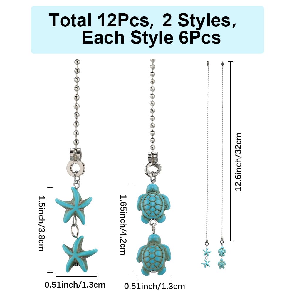 CRASPIRE 12Pcs Starfish Ceiling Fan Pull Chain 2 Styles Synthetic Turquoise 14.57 Inch Summer Ocean Sea Turtle Hanging Pendant Ball Chain Dangler Extender Ornament for Ceiling Fan Light Lamp Decor - Image 2