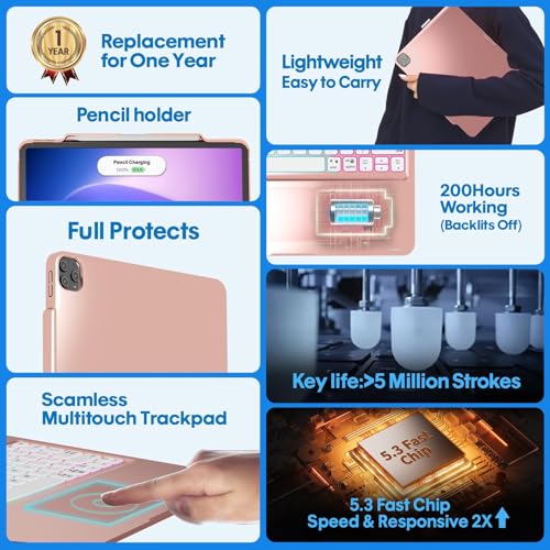 Image of BABG Keyboard Case for iPad Air 13 inch(M3 /M2)&iPad Pro 13(M5 /M4),iPad Pro 12.9(6th /5th /4th /3rd Gen) Case with Keyboard,360 Rotatable,Toupad,Backlits,Pencil Charging-Light Pink