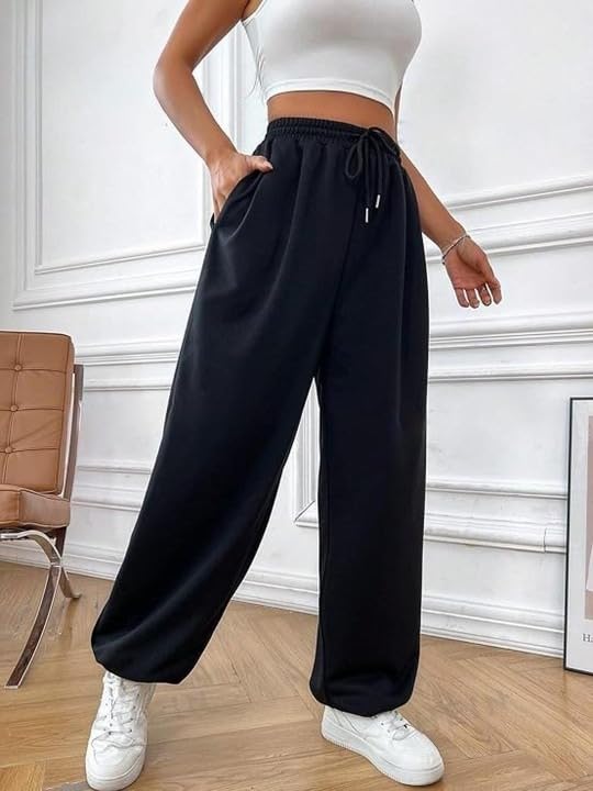 Image of Women's High Waist Jogger Pants, Cotton Blend, Drawstring Elastic Waist, Relaxed Fit