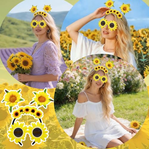 MFCGHXR Sonnenblumen Set für Kostüme – Haarreif, Sonnenbrille und Handgelenk-Armbänder – Perfekt für Halloween und Karneval – Einheitsgröße, glänzende Farben, für Damen und Herren