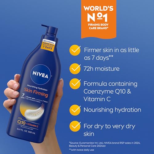 NIVEA Nourishing Hydration Skin Firming Body Lotion with Q10 and Vitamin C, 72-Hour Body Moisturizer for Dry to Very Dry Skin, 16.9 Fl Oz Pump Bottle - Image 4