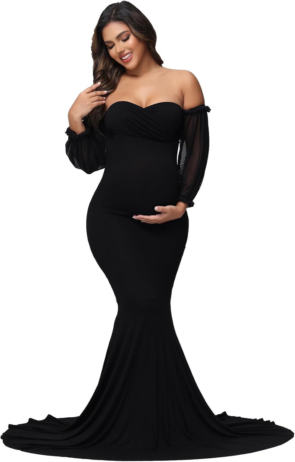 JustVH Maternity Mesh Puff Sleeve Off Shoulder Maxi Photoshoot Dress for Baby Shower Mermaid Hem Party Gown for Photography