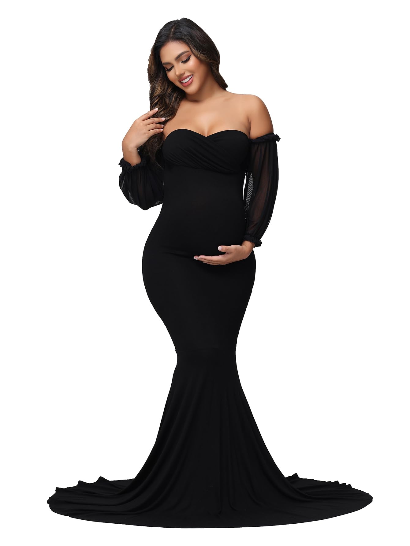 Maternity Mesh Puff Sleeve Off Shoulder Maxi Photoshoot Dress for Baby Shower Mermaid Hem Party Gown for Photography-image-40