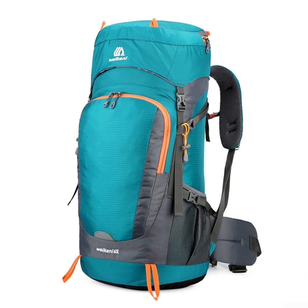 Zaino da trekking di grande capacità da 65 l, con nylon resistente all'acqua, tasche multiple, retro traspirante, per campeggio e trekking (blu lago)