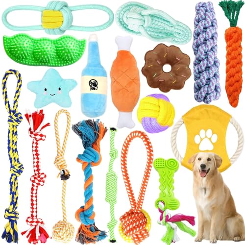 DEPAR Juego de 18 juguetes para perros, hechos de algodón natural, no tóxicos e inodoros, juguetes para masticar indestructibles, juego de juguetes para perros pequeños y medianos