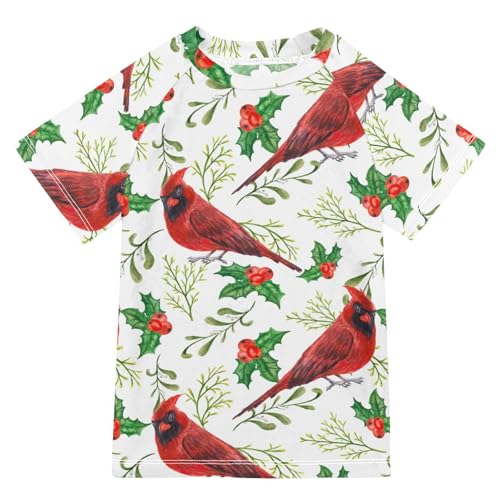 Aflyko Christmas Boys' Swim Shirt Red Bird Holly Leaves Red Berry Rash Guard Beachwear Sun Protection Fishing Hiking Camping Surfing Swimming Toddler Infant Summer Daily T-Shirt, 4T