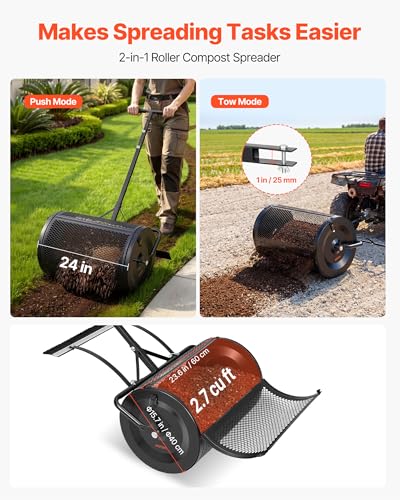 Image of VEVOR Compost Spreader, 24 inch Wide Peat Moss Spreader with Push /Tow Handle & Brush, 4 Heights Adjustable, Powder-Coated Steel Garden Peat Moss Roller, Heavy Duty Grass Seed Roller for Planting Seeding