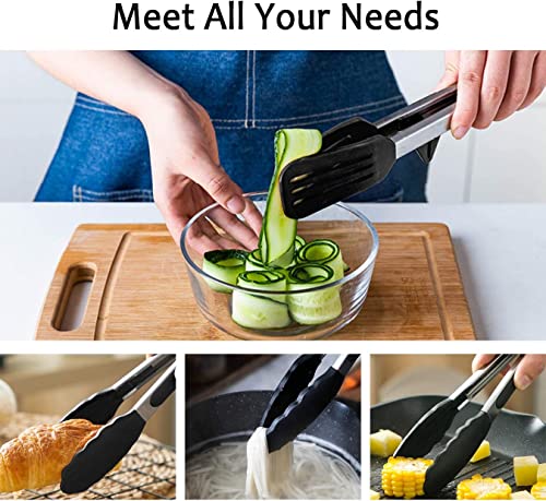 Image of Set of 3 Stainless Steel Food Tongs with Silicone Tips, 3 Types Heavy Duty Non-Stick Clamp Clip for Kitchen BBQ Cooking Grilling Buffet Noodles Salad Steak (Black)