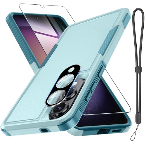 RMOCR Case for Samsung Galaxy S25 Edge, Full Body Heavy Duty Rugged Shockproof Protective Phone Cover with Lanyard Strap, Tempered Glass Screen Protector and Camera Lens Cover, Mint Green