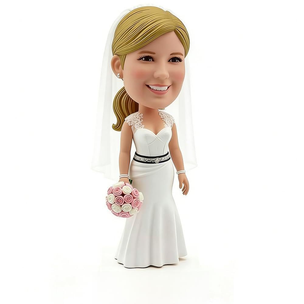 Spersonalizowana figurka panny młodej Bobblehead, spersonalizowana ozdoba na tort weselny, ręcznie robiona niestandardowa lalka z pomponem dla panny młodej, prezent ślubny dla panny młodej