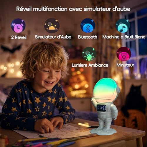 Avalynese Reveil simulateur d'aube avec Haut-Parleur Bluetooth, 7 Sonneries, 21 Sons de Sommeil, 22 Couleurs de lumière, Snooze, Minuteur, Forme en Astronaute pour Enfant garçon ado – vue 2