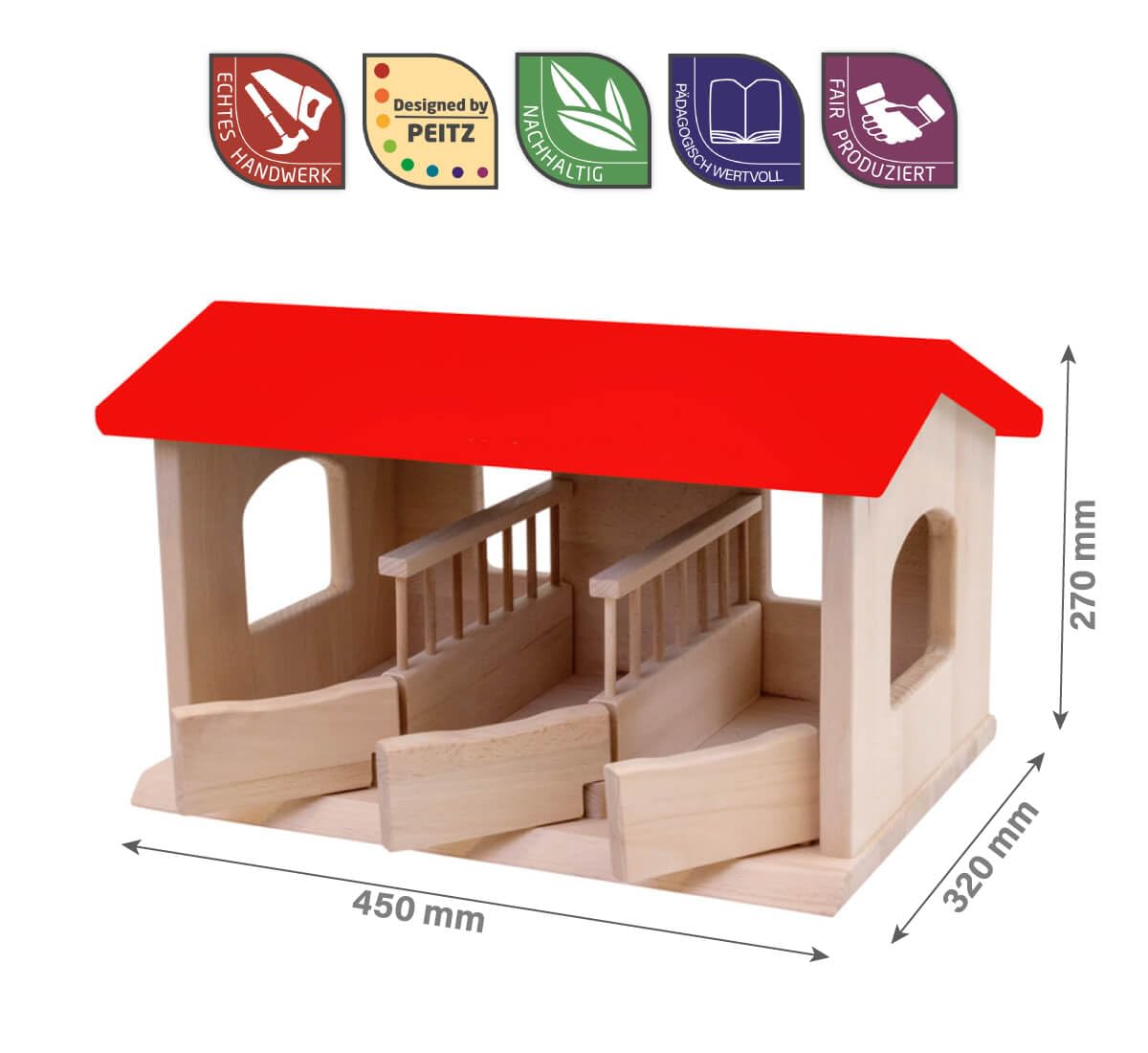 Holzspielzeug Peitz Spielzeug Pferdestall aus Holz | Bauernhof mit 3 Boxen & Futtertrögen | Passend für Schleich Pferde