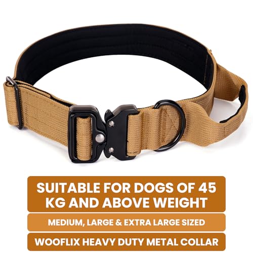 Image of Wooflix Metal Dog Collar for Training and Walks | Nylon Collar with Tactical Metal Buckle and D-Ring for Medium and Large Dogs | Dog Collar for Heavy Breed Dogs (Beige T2, Large)