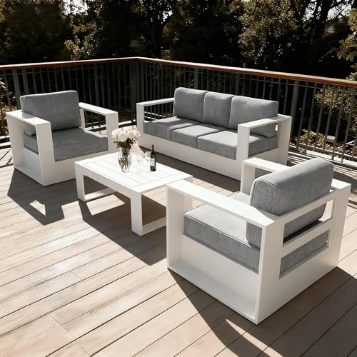 Image of LayinSun Oversized Aluminum Outdoor Furniture Set, 4 Piece Patio Sofa Sets with Coffee Table, Deep Seating and Upgraded 6-inch Cushions for Porch, Balcony, Deck