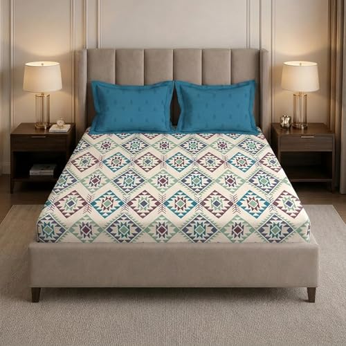 Image of MYTRIDENT Soft Comfort Bedsheet for Double Bed King Size | 72 Inches x 78 Inches + 12 Inches | 180 TC, 100% Cotton, Elastic fittedsheet with 2 Pillow Covers | Soft and Breathable - Orna
