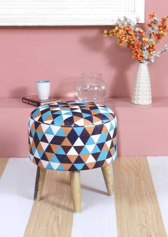 Printed Ottoman for Living Room, Velvet Round Foot Rest Stool, Wooden Legs Puffy for Sitting, Ottoman for Bedroom & Makeup Room Décor | Puffy (16"x16"x17") | (Multi Triangle)-image-48