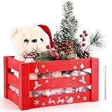Cinnvoice Christmas Wooden Box Personalized Rustic Xmas Storage Box 11.8x7.8x6.3 Inch Hot Cocoa Bar Crate with Marker Fun Farmhouse Organizer for Holiday Gifts, Candies, Pet, and Holiday Decor(Red)