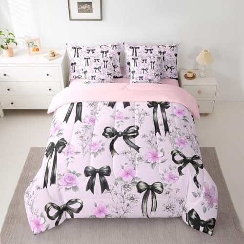 Image of Black Bow Tie Queen Comforter Set with Sheets | Boho Flowers Pink Floral 7 Piece Bedding Set Princess Bow Bed in a Bag, Girly Dreamy Ribbon Bowknot Room Decor,Cute Room Decor Aesthetic Kawaii