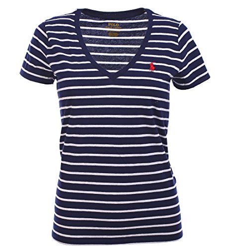 Ralph Lauren Womens Pony Logo V-Neck Jersey T-Shirt (X-Large, Navy White Stripes/Heart Red)