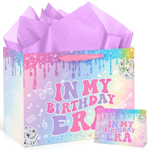 In My Birthday Era Gift Bag with Tissue Paper and Card Music Themed Birthday Party Favor Bag Decorations Glitter Rainbow Superstar Music and Friendship Wrapping Paper for Girls Daughter Granddaughter