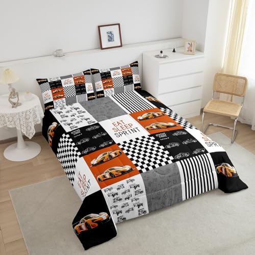 Image of Feelyou Race Car Bedding Set Speed Sports Car Comforter Set Toddler Size for Kids Boys Girls Racing Car Comforter Geometric Grid Extreme Sports Inner Fill Duvet Set 1 Comforter Set with 1 Pillowcase