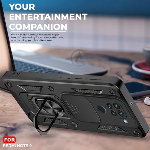 Image of AESTMO Tough Armor Redmi Note 9 Bumper Back Case Cover | Ring Holder & Sliding Camera Shield Cover | 360 Degree Protection Back Case Cover for Redmi Note 9 (Black)