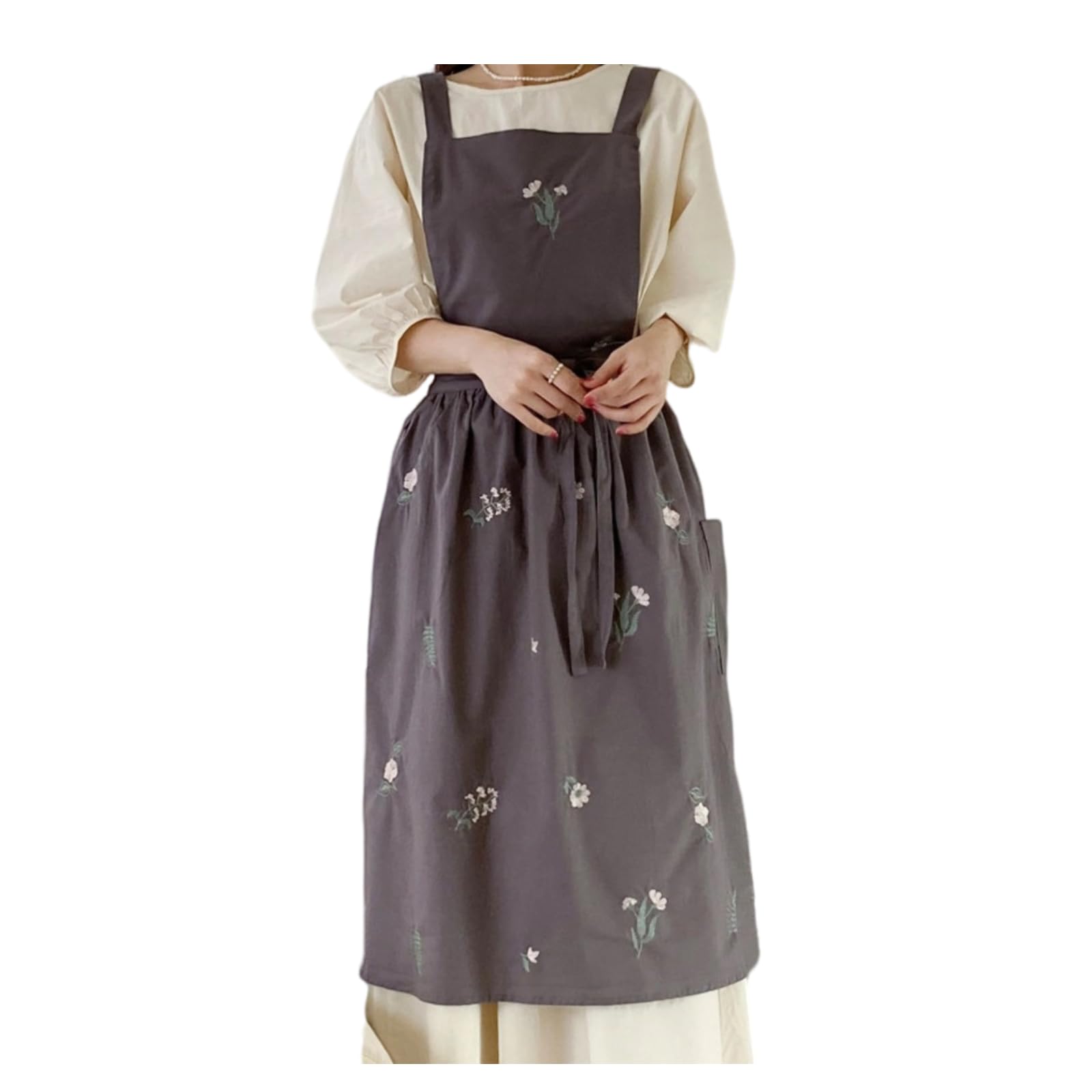 JUNA KOOK Apron, Fashionable Floral Pattern Dress One-Piece, Water-Repellent, H-Shape, Slimming, 100% Cotton, Women's, Nordic, with Pockets, for Cafe, Kitchen, Florist, Cooking Class, Childcare Worker