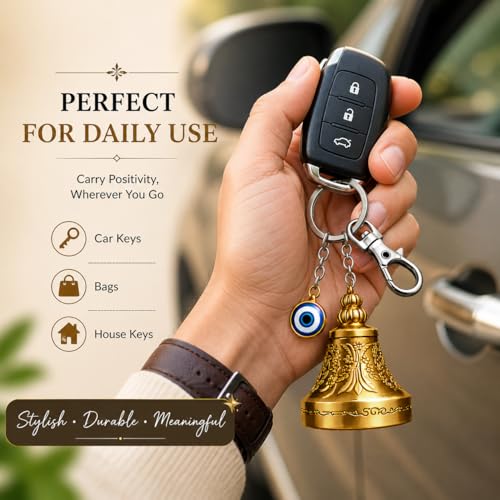 Image of Guardian Bell Keychain for Bike & Car | Tibetan Style Bell Keyring with Evil Eye Charm & ๐๐๐๐ฎ๐ซ๐ Silver Clip | Good Luck Rider Accessory Gift for Men & Women- ๐๐๐๐ค ๐จ๐ ๐