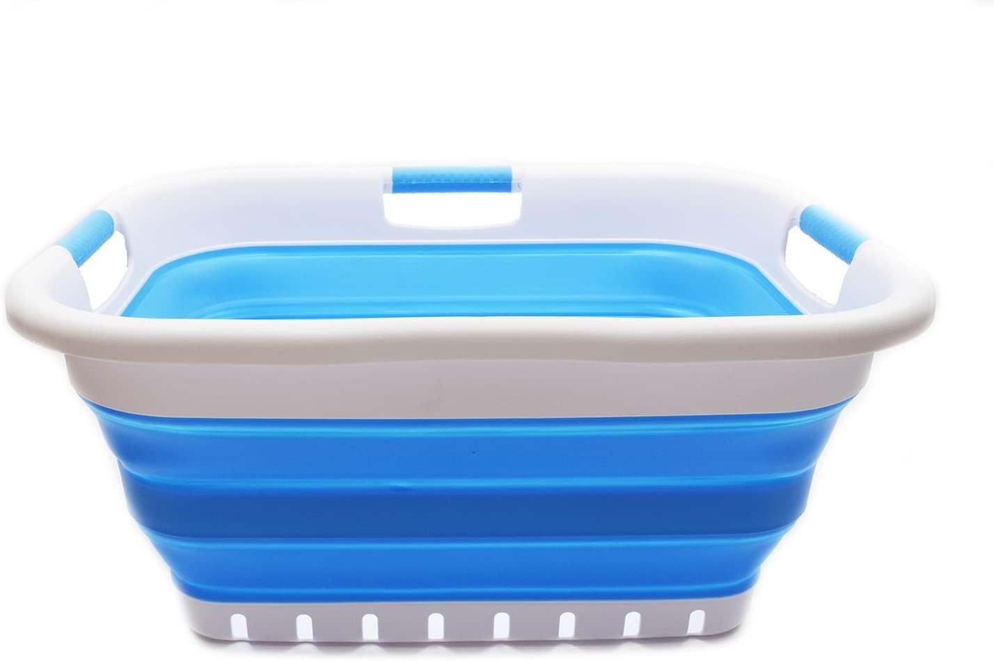 SAMMART 41L Collapsible 3 Handled Plastic Laundry Basket - Foldable Pop Up Storage Container/Organizer - Portable Washing Tub - Space Saving Hamper/Basket (3 handled rectangular, Dark Blue)
