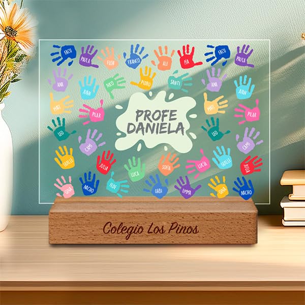 Transparent Gift Placa Personalizada con Manos de Colores, Nombres y Texto. Regalos Originales para Profesores y Profesoras. Regalo Fin de Curso para Mujer y Hombre. Detalle Decorativo Personalizado.