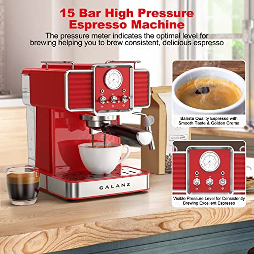 Galanz Retro Espresso Machine With Milk Frother, 15 Bar Pump Professional Cappuccino And Latte Machine, 1.5L Removable Water Tank, Retro Red, 1350 W #TOP1